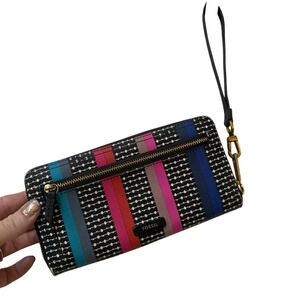 Fossil Logan Zip Around Clutch Wallet Multicolored Stripe Wristlet Boho Chic